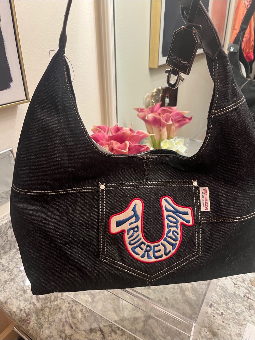 True Religion Black Denim Shoulder Bag with Red & Blue Logo Appliqué